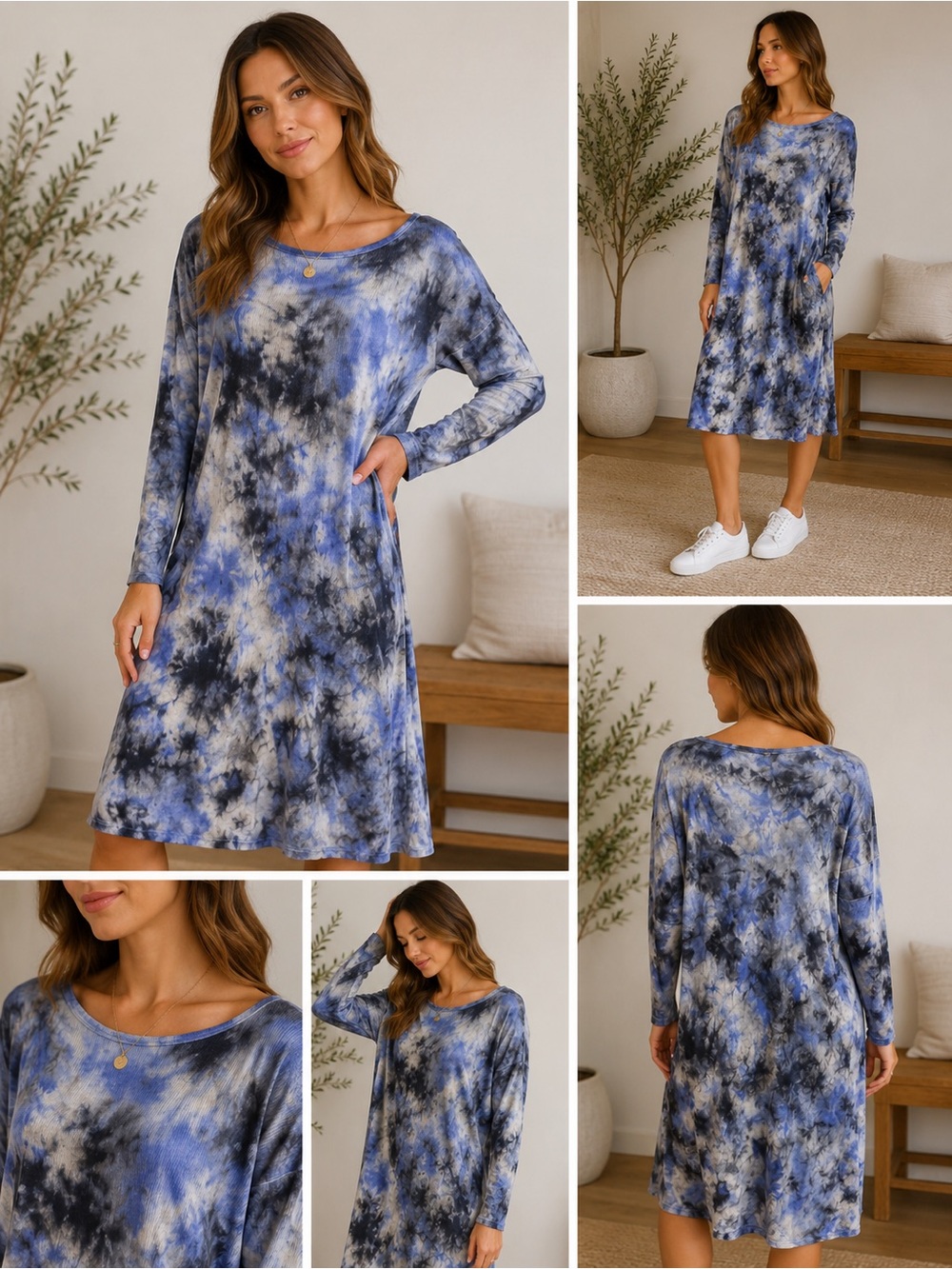Blue Tie-Dye Long Sleeve Swing Dress